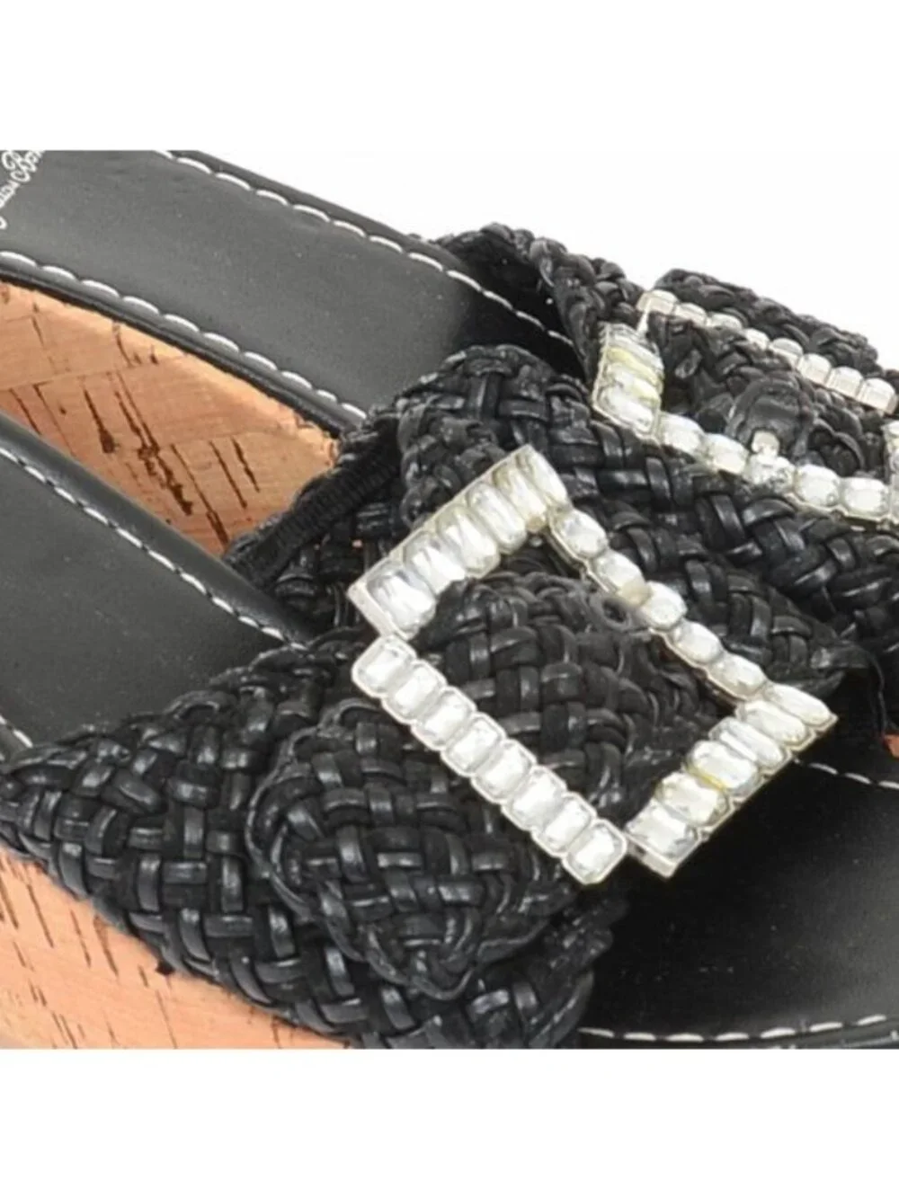 Yellow Box Women's 8 Chunky Rhinestone Buckle Vegan Leather Cork Wedge Slides